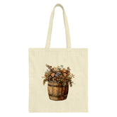 Floral Barrel Tote Bag, Rustic Flower Design, Farmhouse Style Bag, Botanical Art Tote, Nature Lover Gift, Trendy Everyday Bag - Tawshia